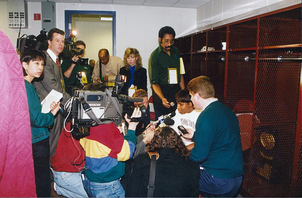 Postgame press scrum in the UConn locker room