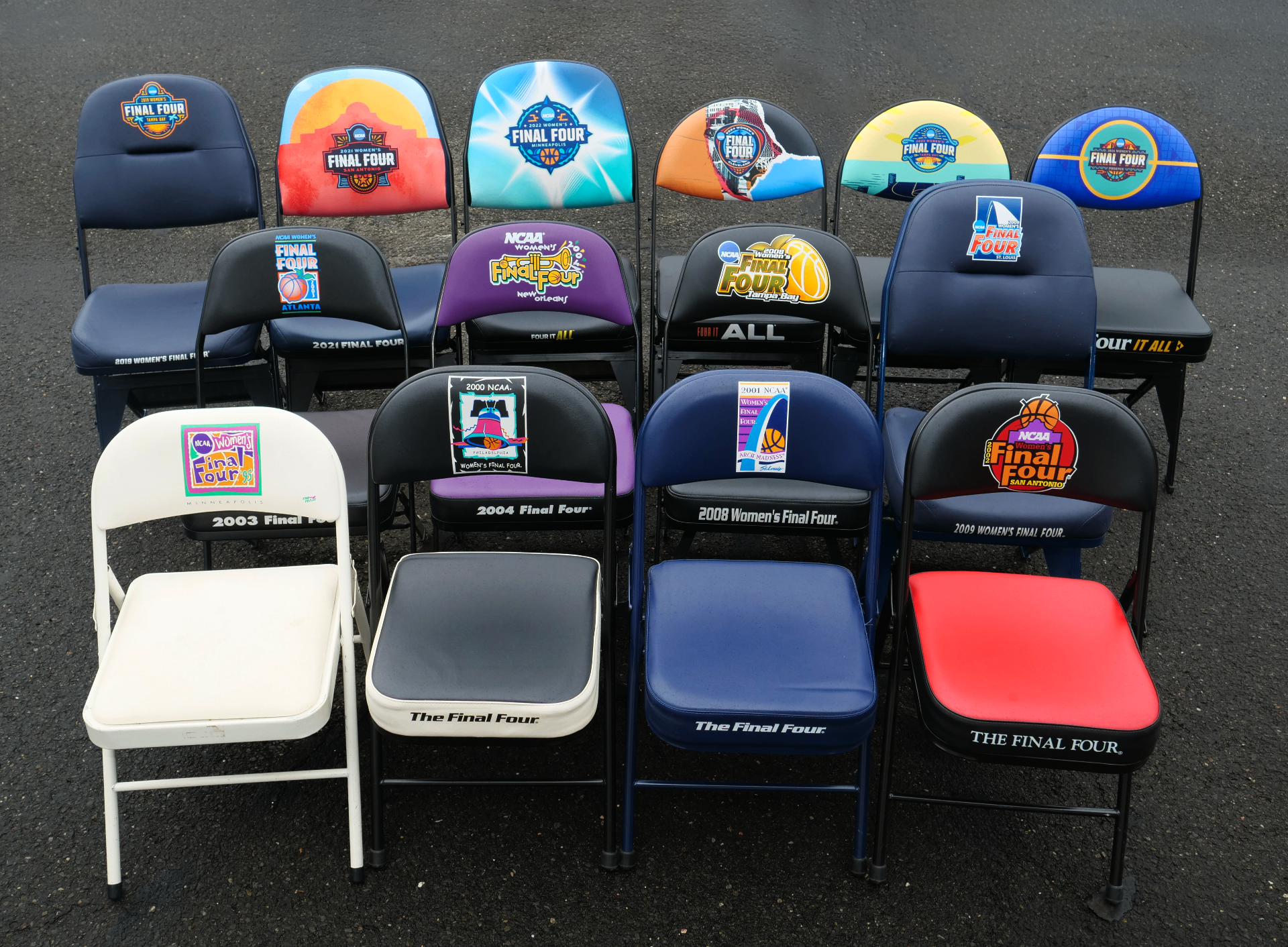 Collection of NCAA Women's Final Four championship chairs from each tournament